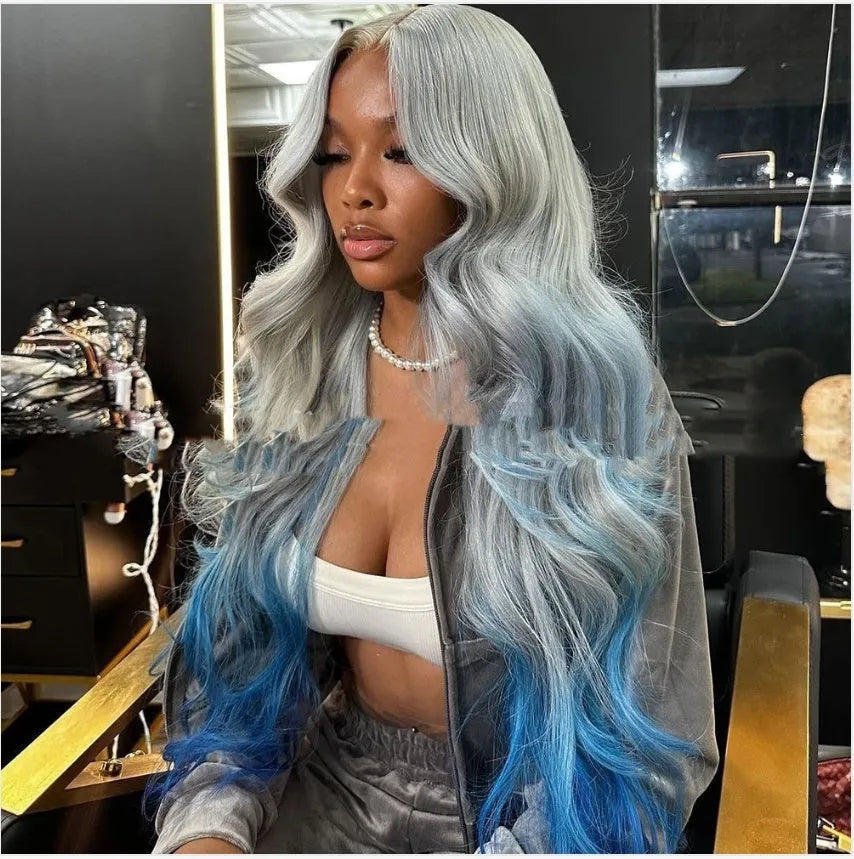 Grey blue gradient colour human hair lace front wig on a model, showing 4x4 lace construction and long, straight Ruili style.