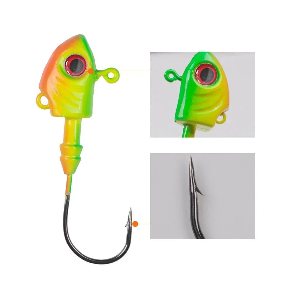 Yayu shaped lead head fishing hook in blue, silver, and yellow colours showing different weight sizes