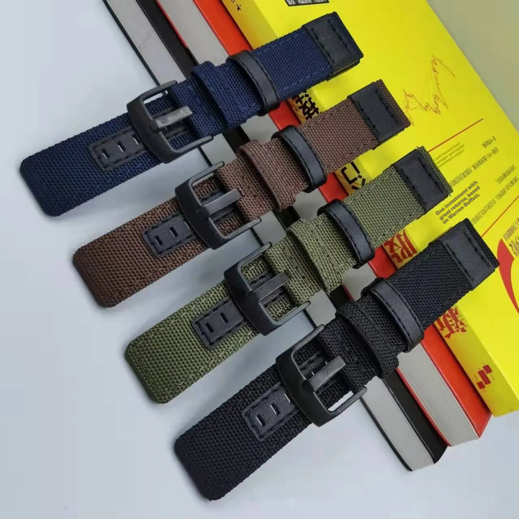 Oxford cloth canvas watch strap showing multiple width and colour options