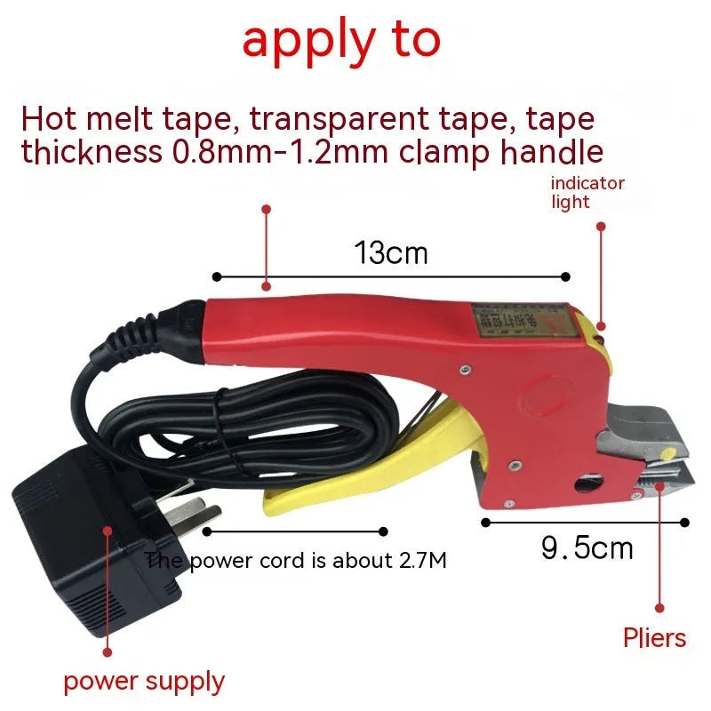 Electric hot melt packing machine with plastic steel tensioner and yellow packaging tape for portable buckle-free packing