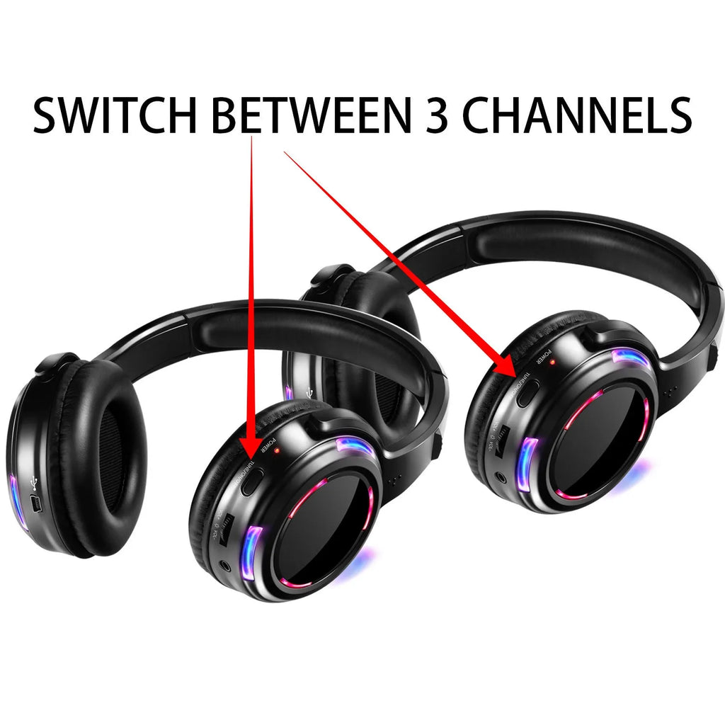 Black silent disco headphones with 40mm speakers and charging cable for wireless group listening