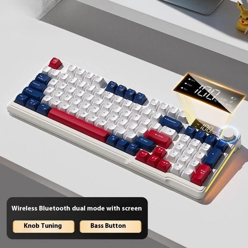Wireless Bluetooth keyboard and mouse combo with mechanical-style keys in blue and white colour scheme