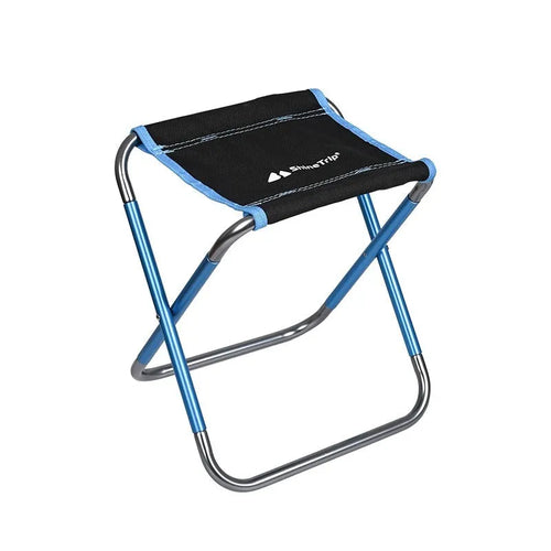 Black aluminium alloy folding stool in outdoor setting, shown in folded and unfolded positions.