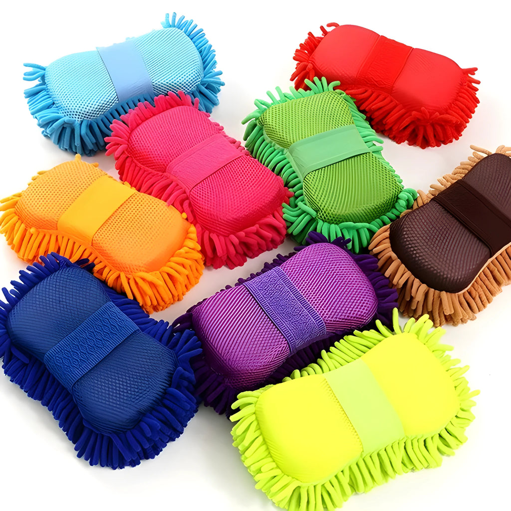 Silvery green car wash sponge measuring 14cm by 25cm with chenille microfiber spiral wool construction