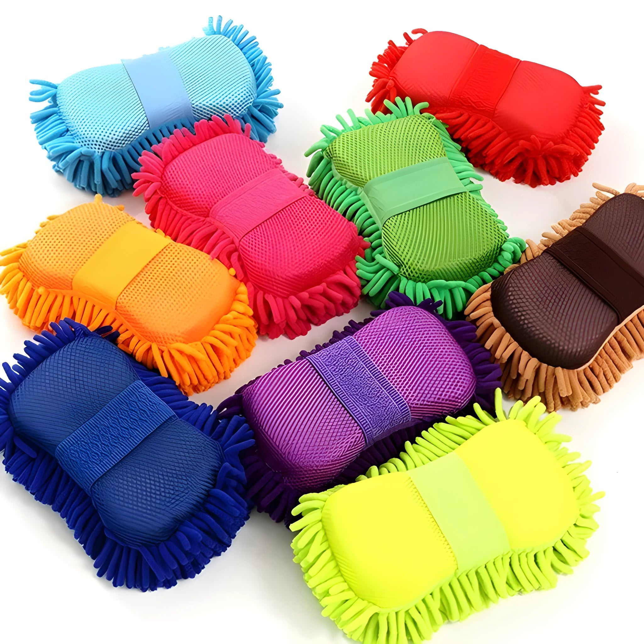 Silvery green car wash sponge measuring 14cm by 25cm with chenille microfiber spiral wool construction