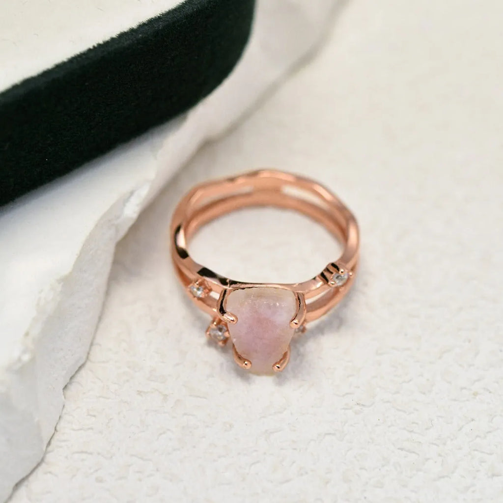 S925 silver ring with irregular triangle shape and moonstone in rose gold, white gold, or yellow gold finish.