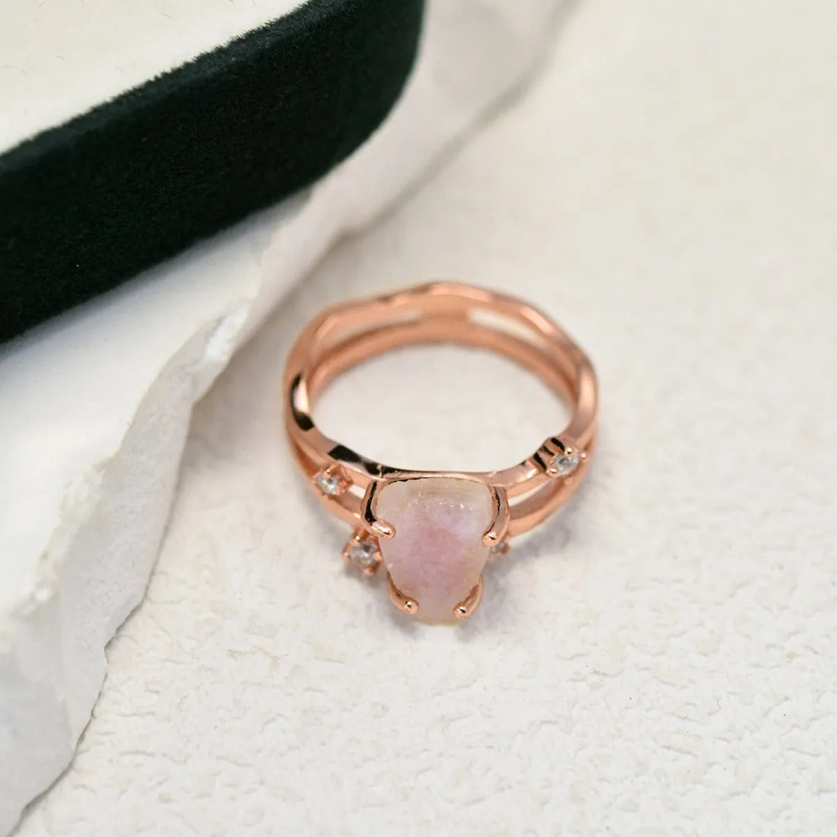 S925 silver ring with irregular triangle shape and moonstone in rose gold, white gold, or yellow gold finish.