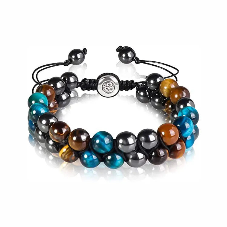 Men's double-layer woven tiger eye stone bracelet with bright magnetic clasp, blue yellow colourway