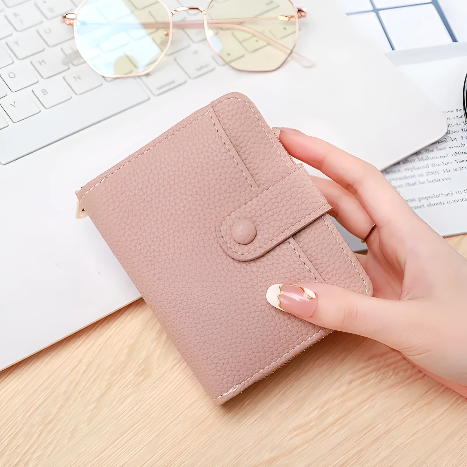 Ladies' short wallet with lychee pattern in beige, pink, black, and red colour options showing two-fold design