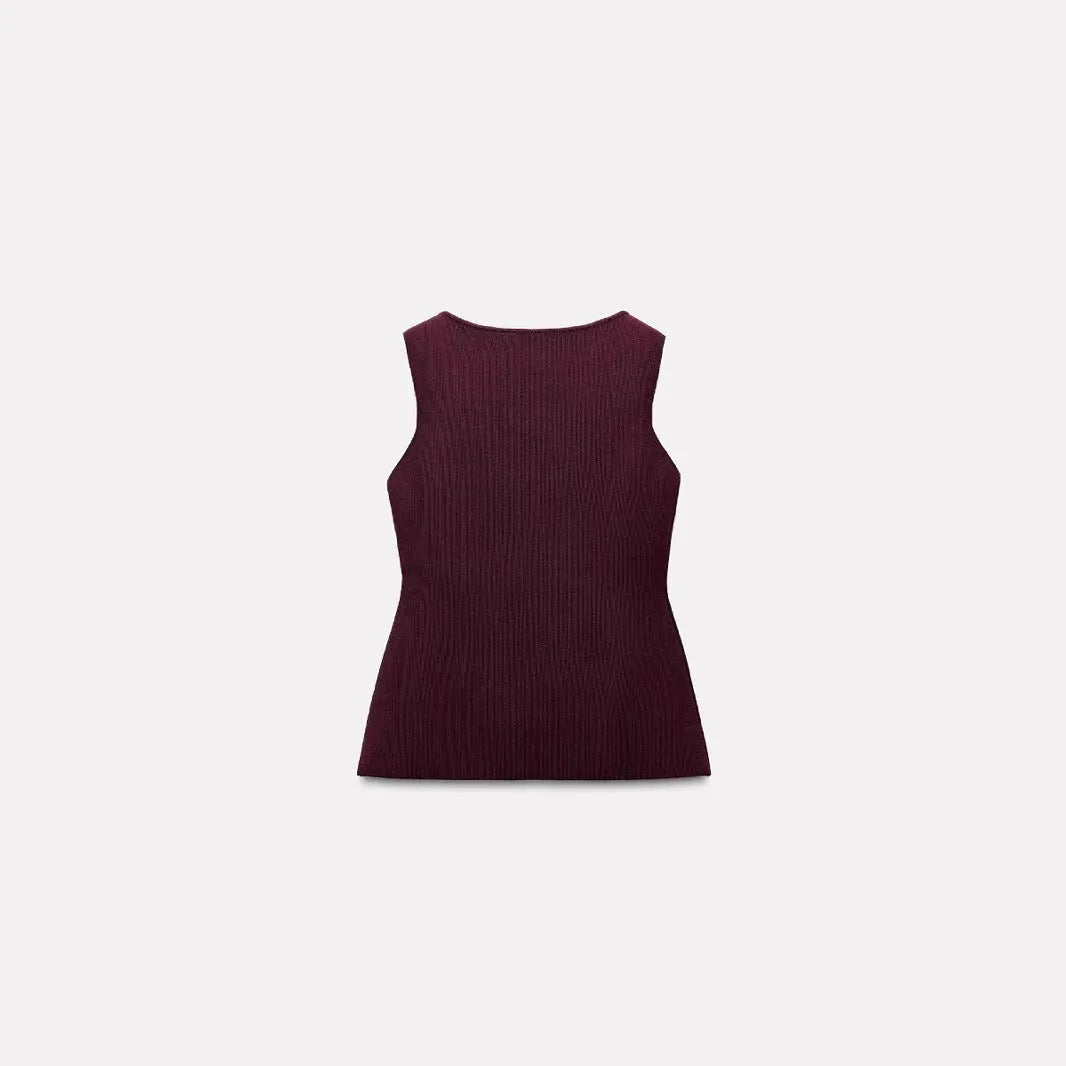 Dark red and white plain gold button sweater vest sleeveless viscose cardigan