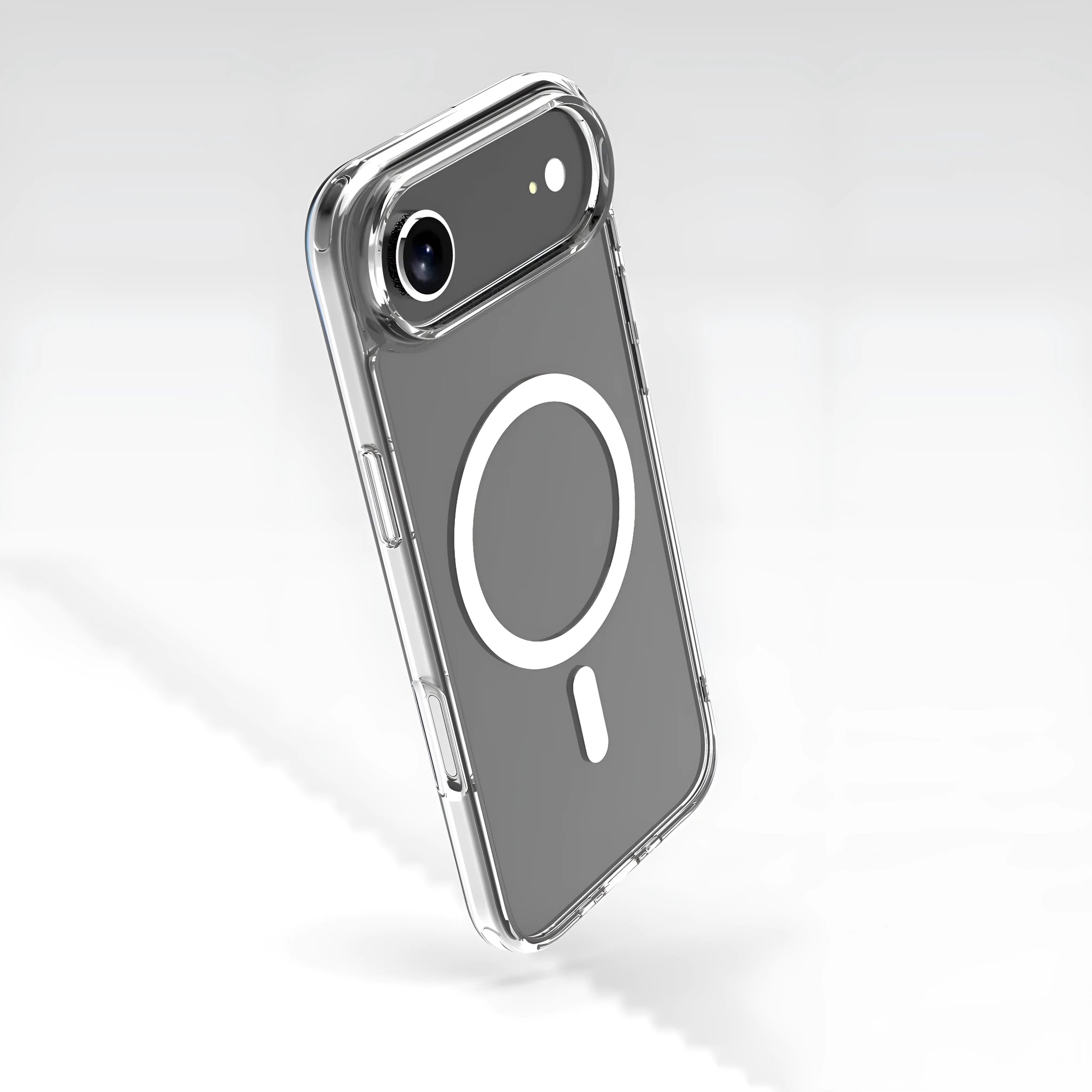 Transparent magnetic iPhone 17 phone case showing TPU composite construction and magnetic charging compatibility