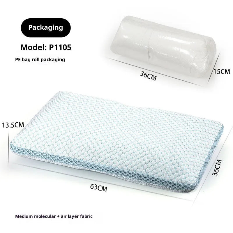 Household cervical memory foam pillow in white and blue, 63x36x13.5cm, with contoured neck support shape
