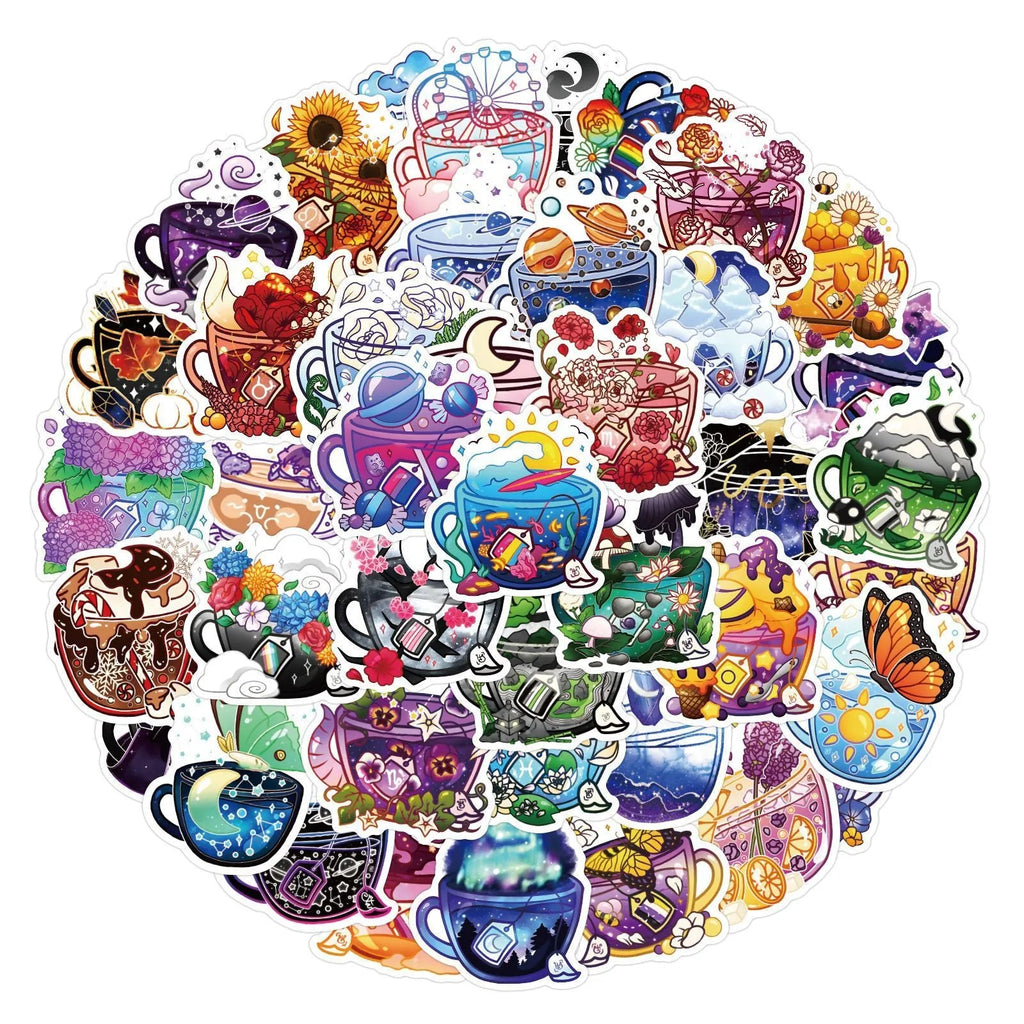 Colourful tea cup graffiti design waterproof stickers 50 piece pack for luggage and scooter personalisation