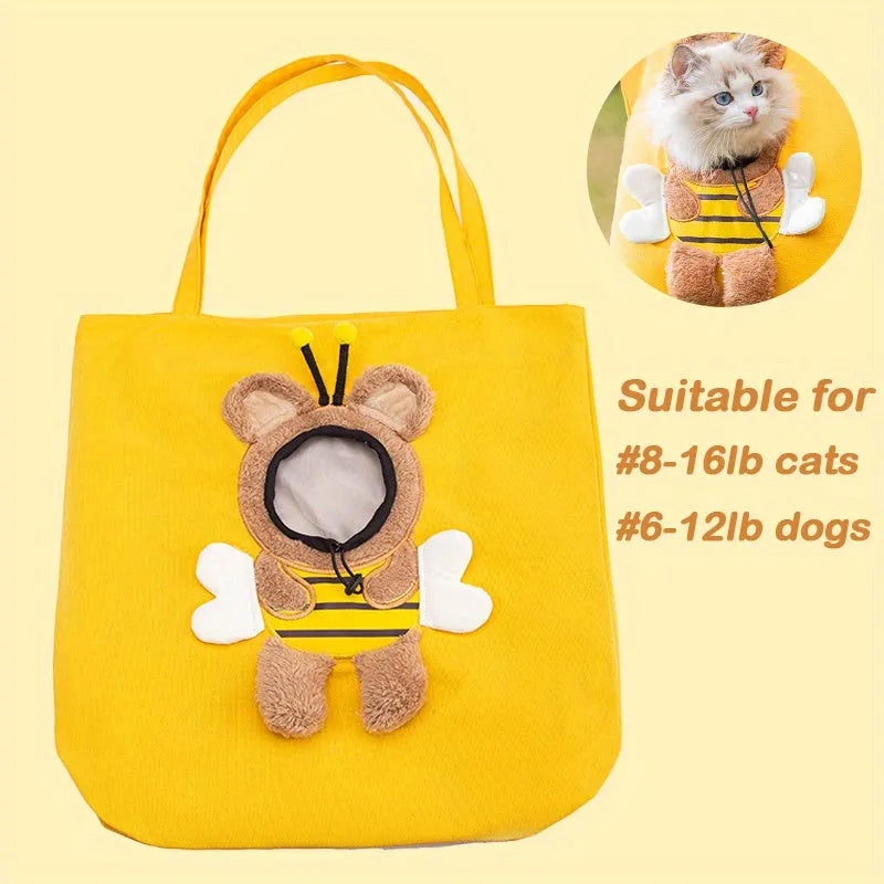 Canvas pet carrier bag with animal patterns and safety zippers in blue colour