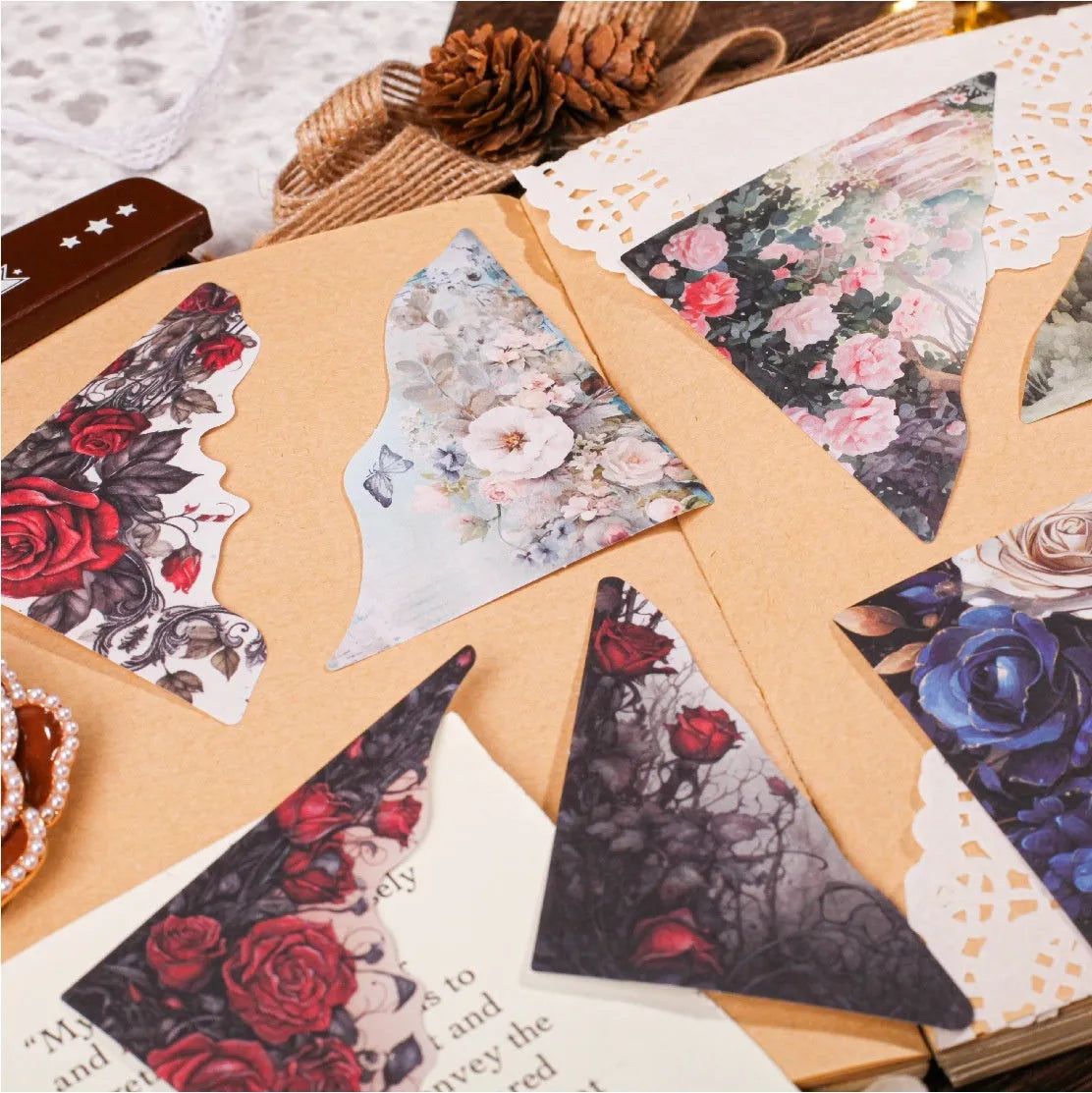Set of printed paper bookmarks showing six colour options including Spring Vine, Pink Plum and Red Rose