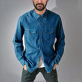 A regular-fit denim cardigan coat shown in khaki, available in sizes from Small to 3XL.