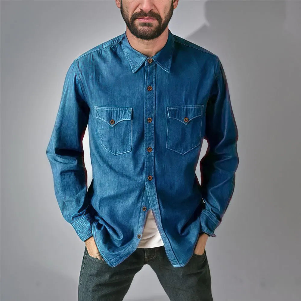 A regular-fit denim cardigan coat shown in khaki, available in sizes from Small to 3XL.