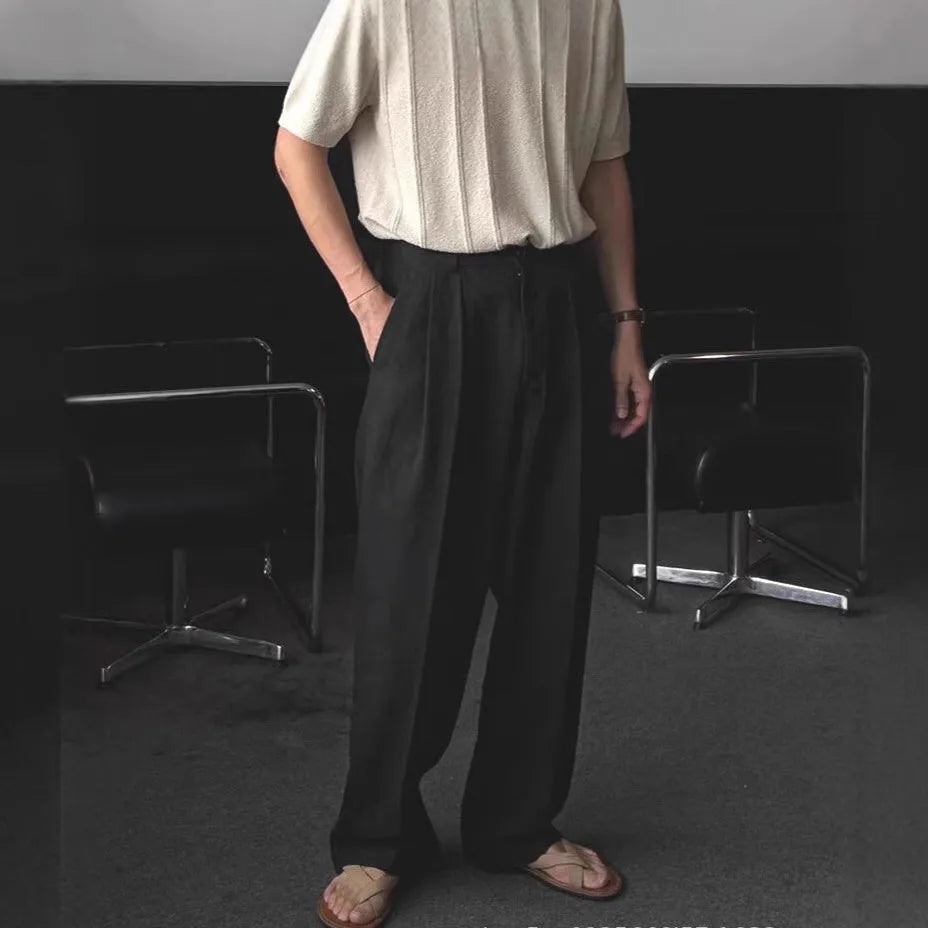 Men's cotton linen suit trousers in apricot colour with micro-elastic fabric and pencil pants leg opening