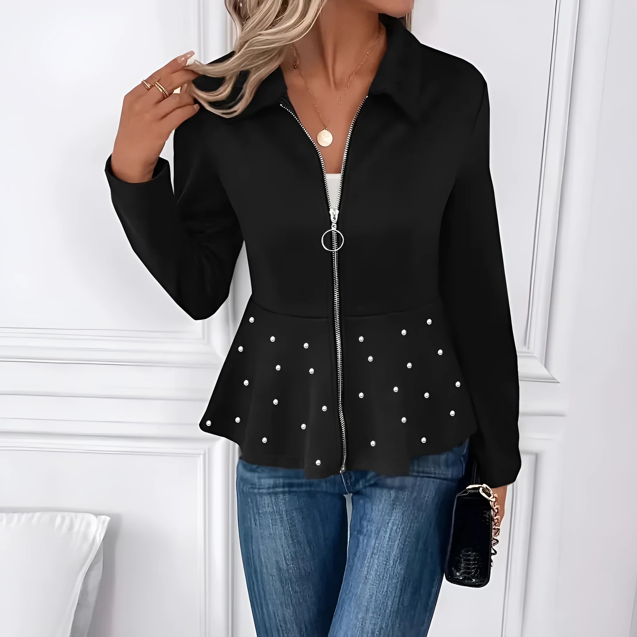 Women's black coat with beaded heavy-duty zipper and ruffled hem, loose fit with long sleeves