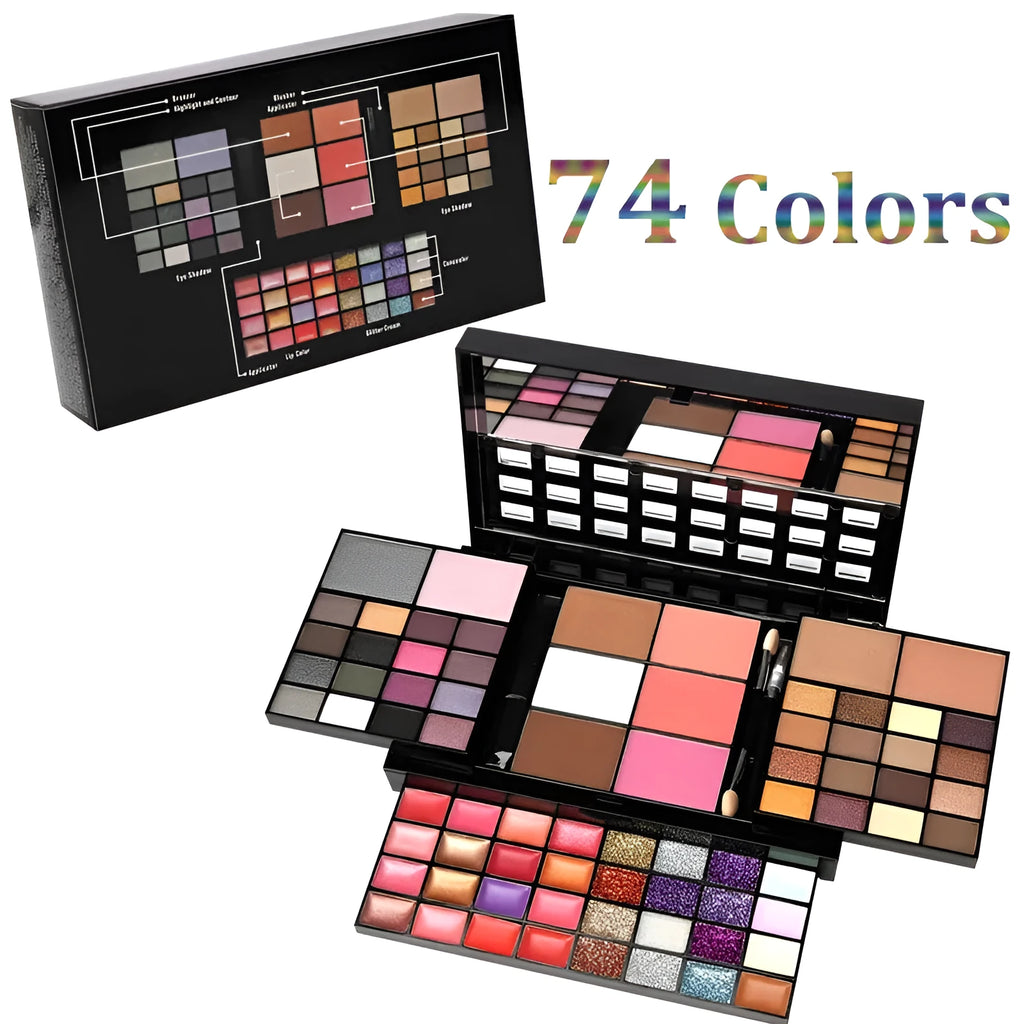 74 colour makeup palette set with four layers showing eyeshadows, lip glosses, and face powders with brushes