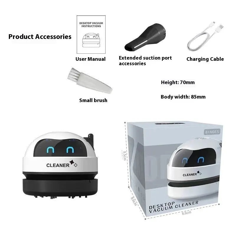 USB charging handheld desktop vacuum cleaner in multiple colour options including blue, orange, and grey white designs