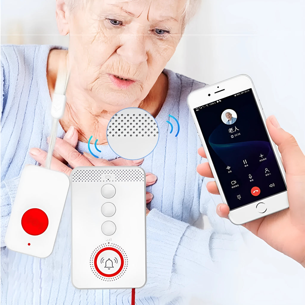White emergency alert system with buzzer and three wireless panic buttons for elderly safety