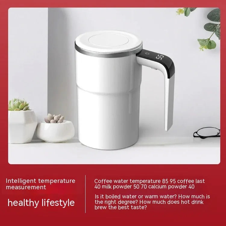 Rechargeable 380ml automatic stirring coffee mug with magnetic stirrer, temperature display, and stainless steel interior in black