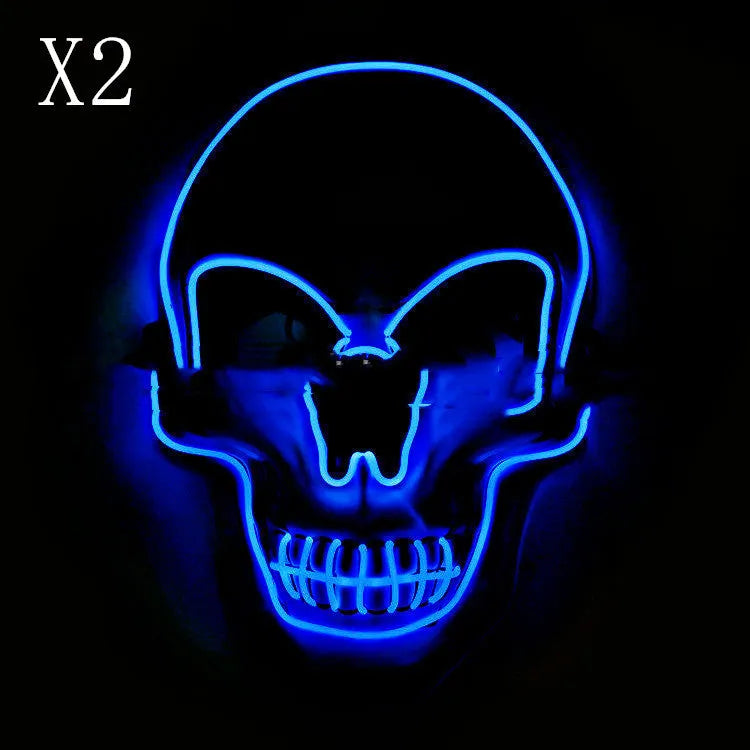 Skull LED glowing Halloween mask with EL wire, available in multiple colours, on a black background