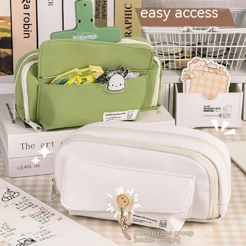 Large capacity Korean style canvas pencil case storing multiple pens in green colour option