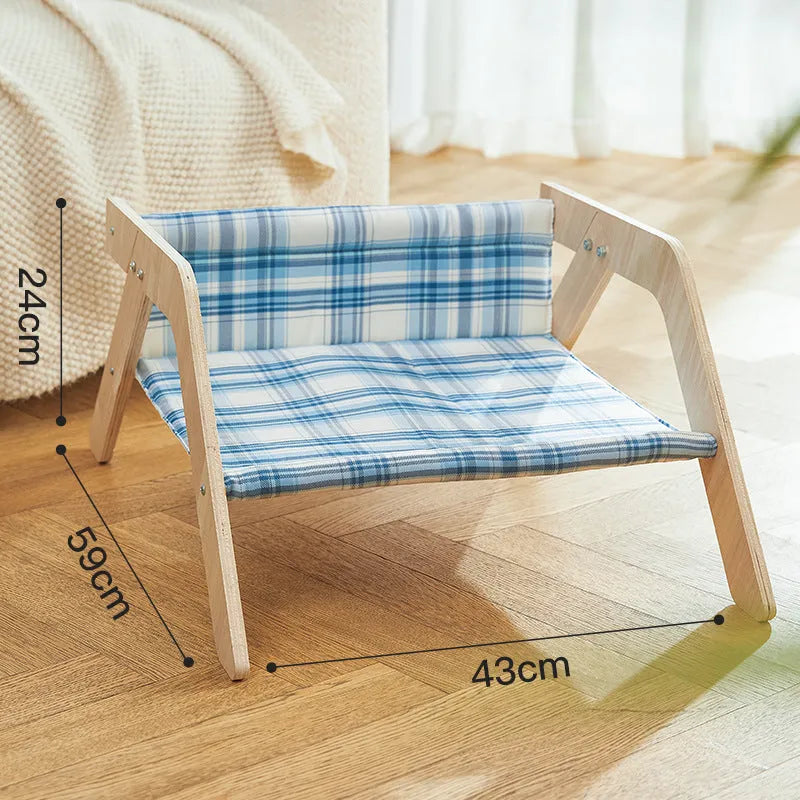 Wooden elevated cat beach chair bed with cloth cushion in blue or green colour