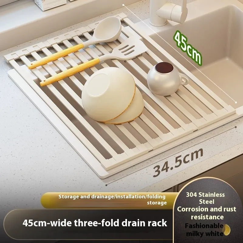 304 stainless steel kitchen draining rack with milky white finish and tri-fold design