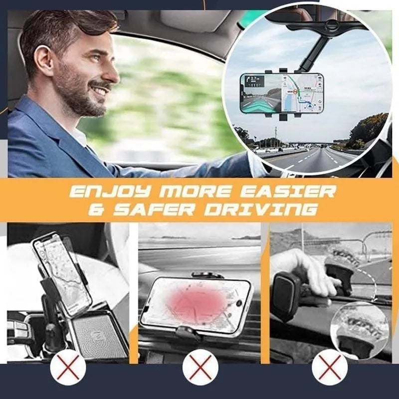 Black rearview mirror phone holder with 360-degree rotation and telescopic arm extended