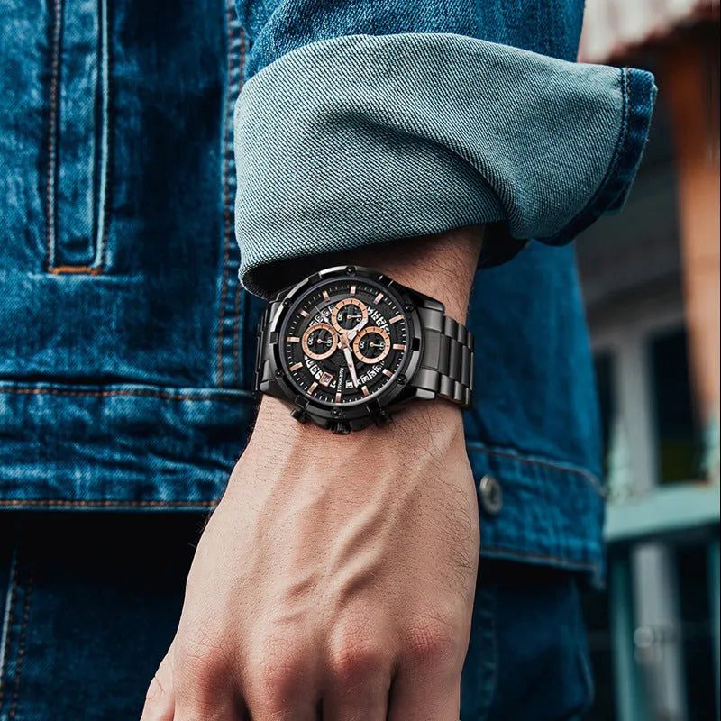Men's waterproof luminous quartz watch with steel strap in black and blue colour variant