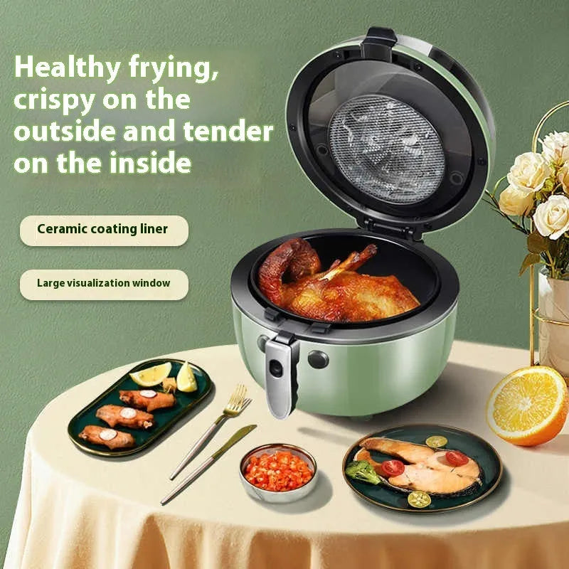 Air fryer oven with visible window showing food inside, mechanical buttons, and 8-litre capacity basket