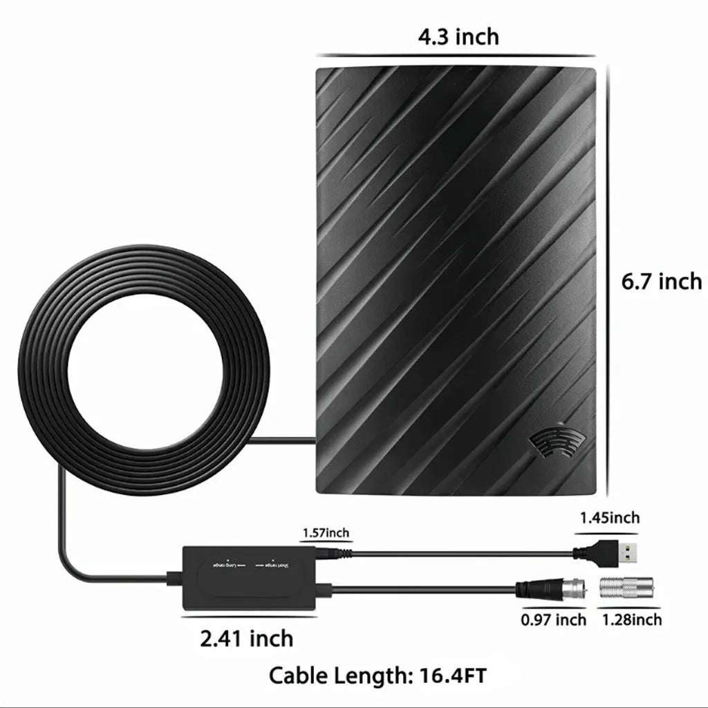 Black plastic Home HD Mode digital television antenna with mounting hardware.