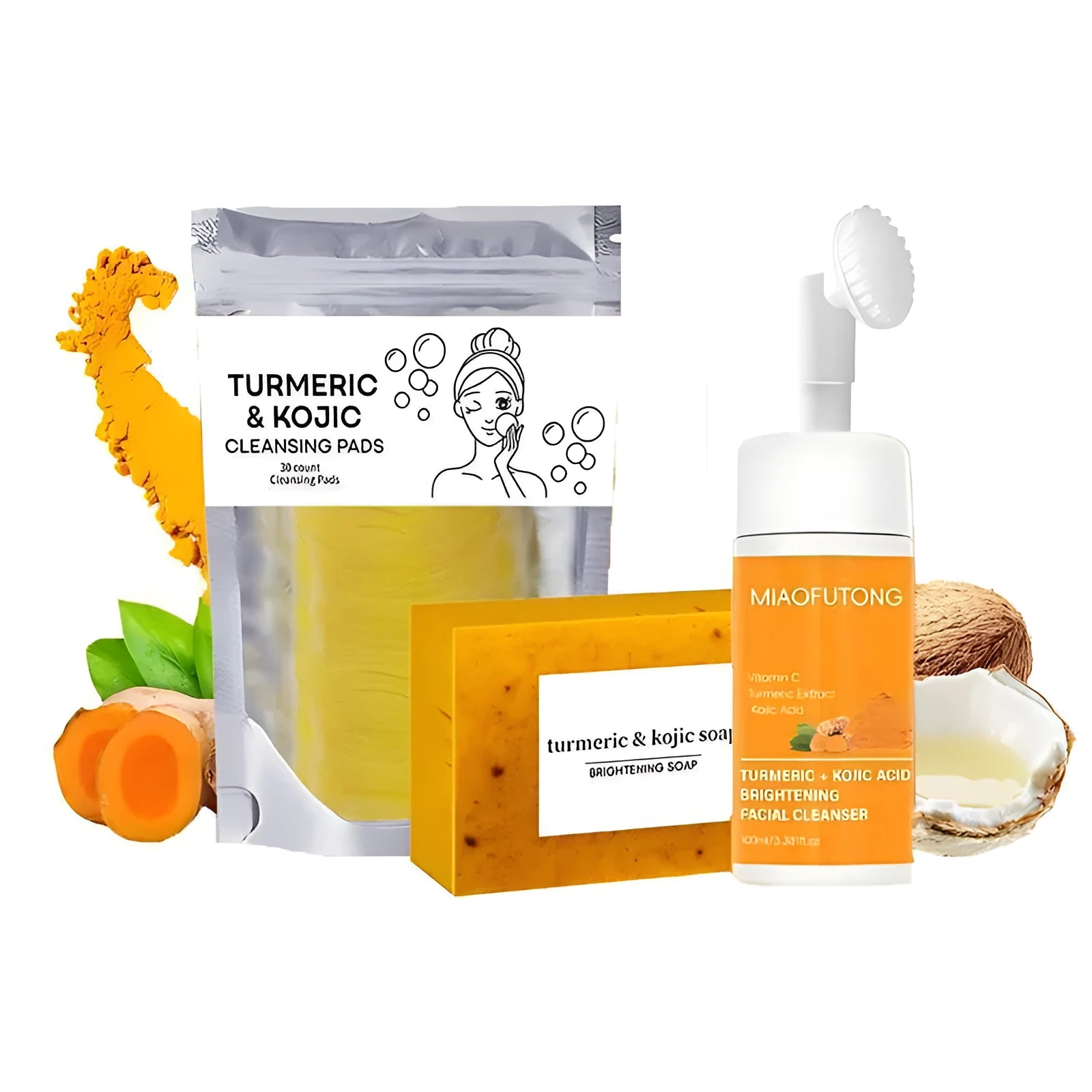 Turmeric cleansing mousse facial cleaning pad set with 30 reusable pads and ginger soap