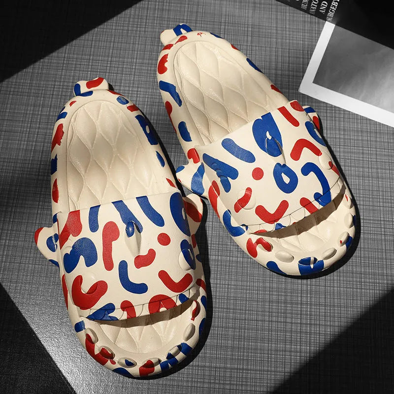 Casual beige and grey shark design EVA open-toe home slippers for men and women.