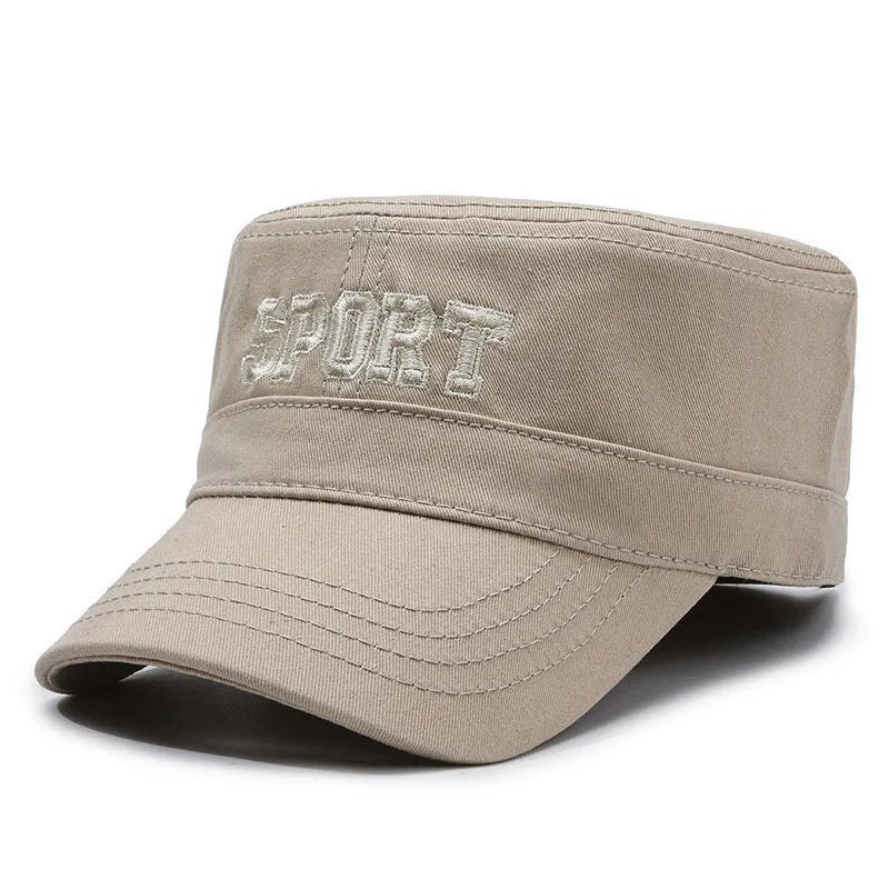 Men's flat-top cotton peaked cap with adjustable strap in army green colour
