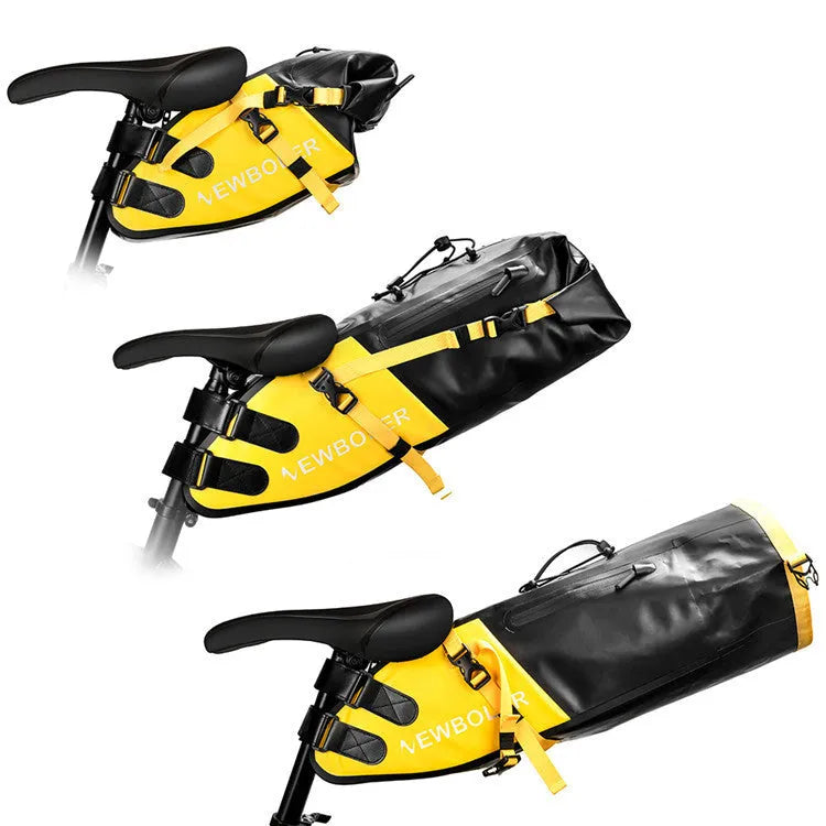 Waterproof PVC tail bag for bicycles and motorcycles in yellow, black, or green.