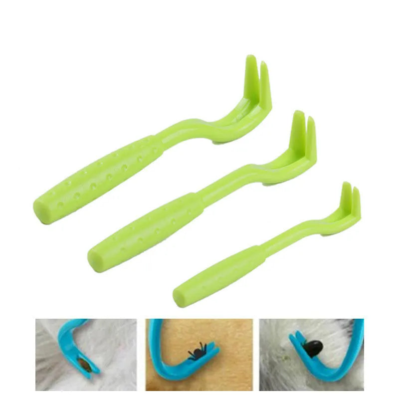 3 plastic tick removal tools for pets in blue and green colours