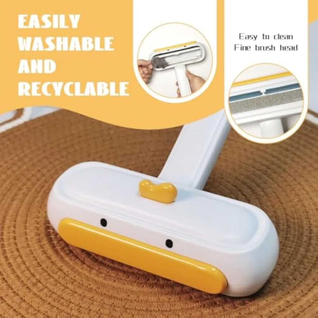 White portable pet hair remover tool with yellow duck design for reusable pet hair removal