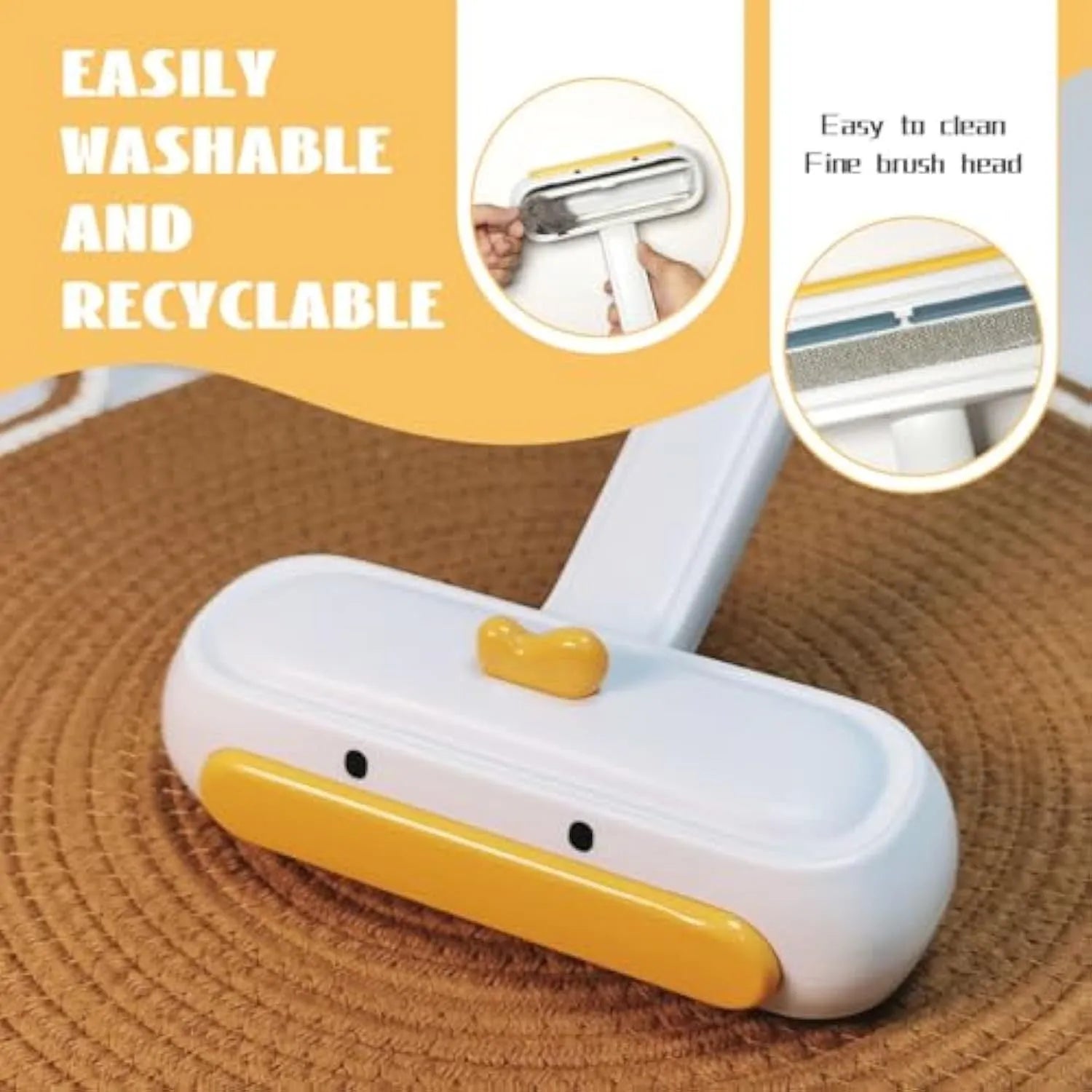 White portable pet hair remover tool with yellow duck design for reusable pet hair removal