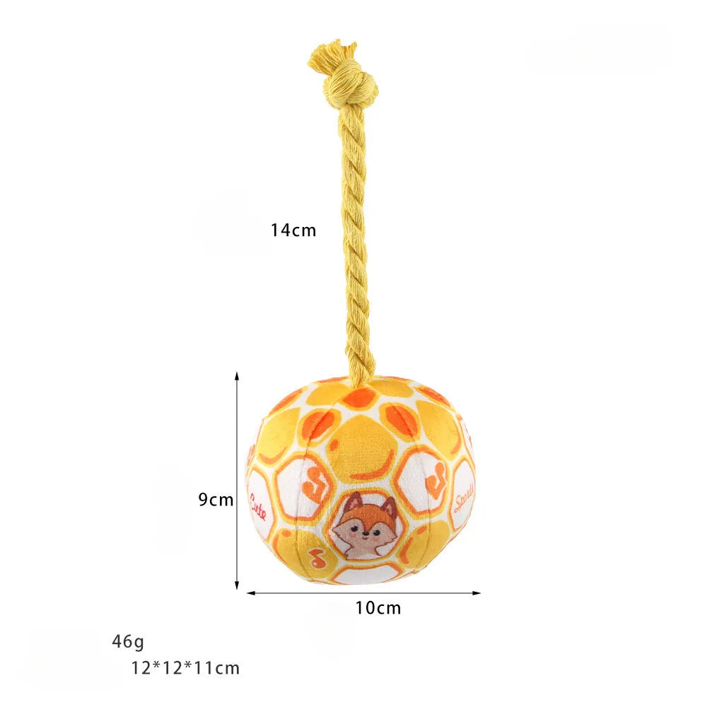 Blue and yellow elastic football dog tug toy with cotton rope construction for interactive play