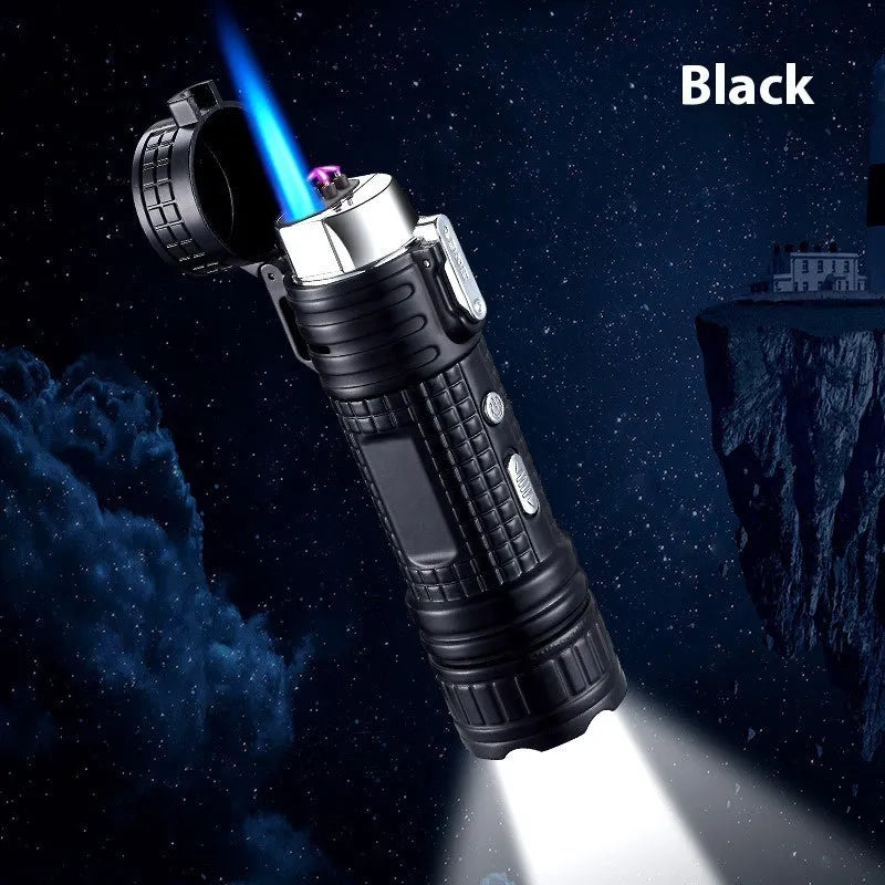 Multi-functional waterproof metal flashlight lighter TH727 in camouflage, red, black, blue, and yellow colours