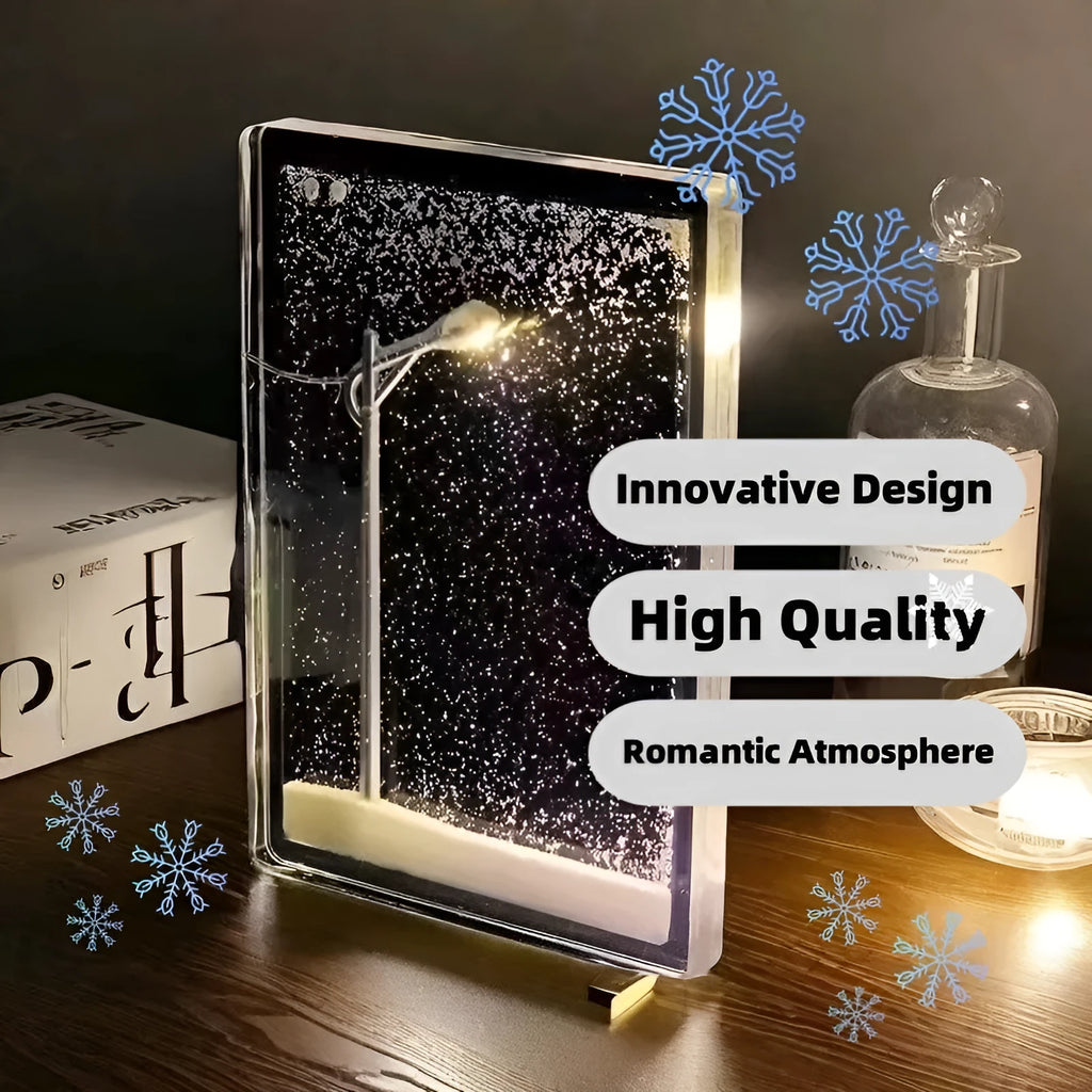 DIY kit components for building a snowy landscape night light with small houses and LED street lights.