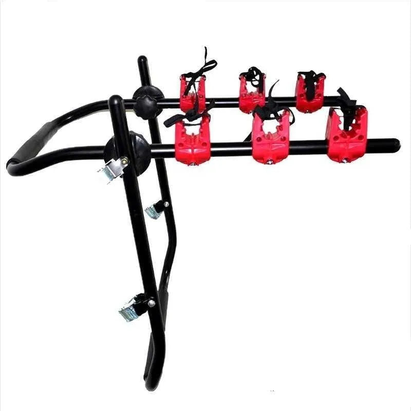 Black and red trunk-mounted bicycle rack with iron frame and choice of tie rope or pull belt straps