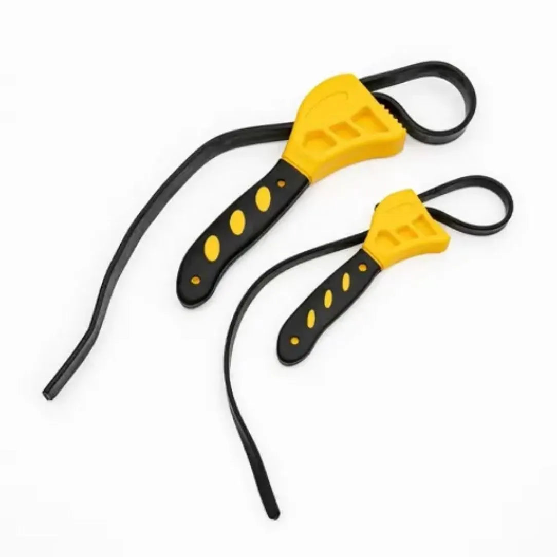 A 6-inch and 8-inch adjustable rubber strap wrench set with a black rubber strap and plastic handle.