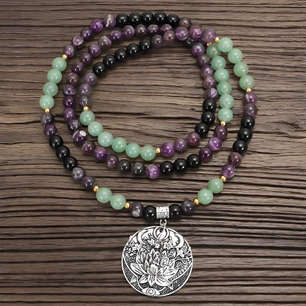 Geometric lotus pendant necklace and bracelet set with stone beads and adjustable chain