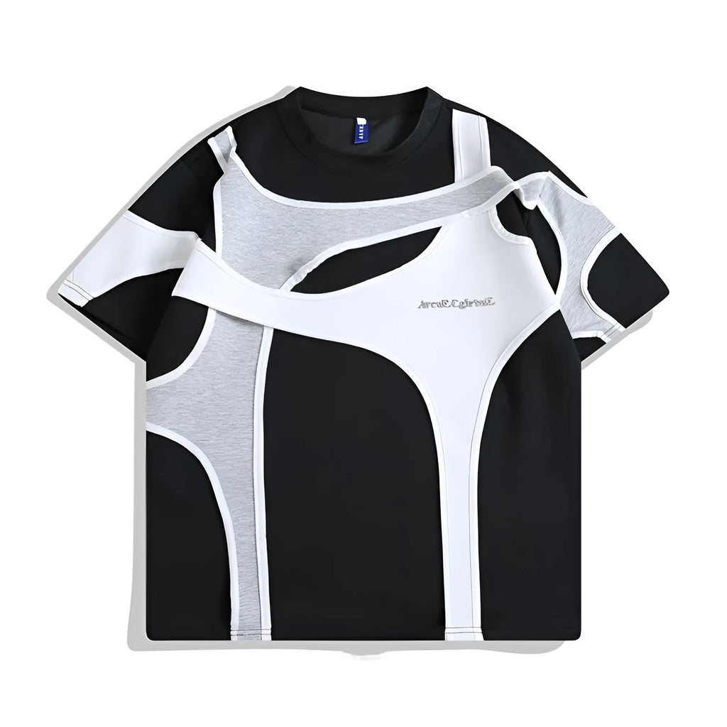 Man's black short sleeve T-shirt showing detail of double stitching and padded shoulder on a hanger.