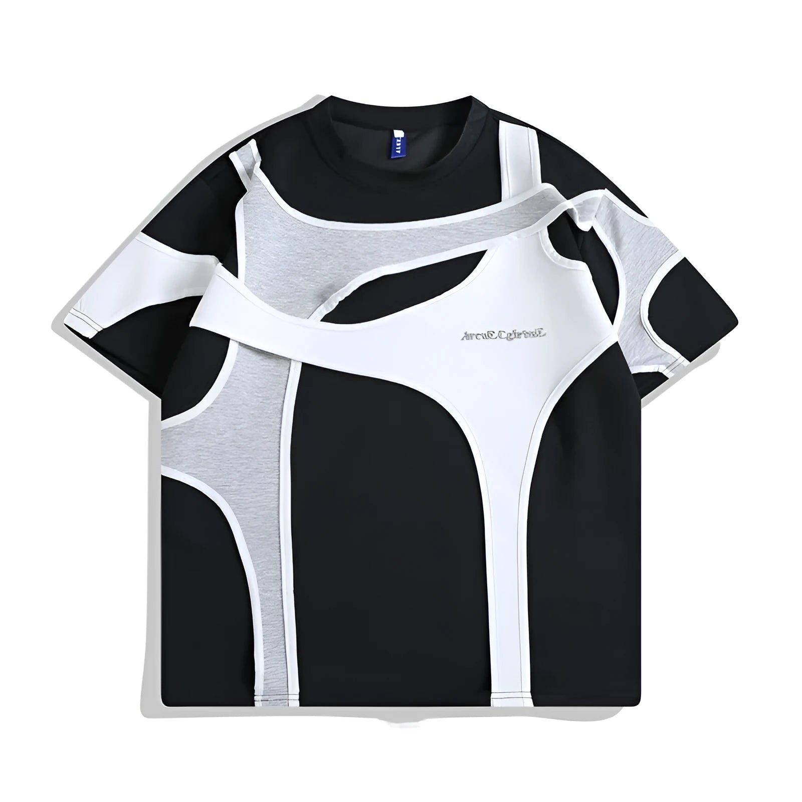 Man's black short sleeve T-shirt showing detail of double stitching and padded shoulder on a hanger.